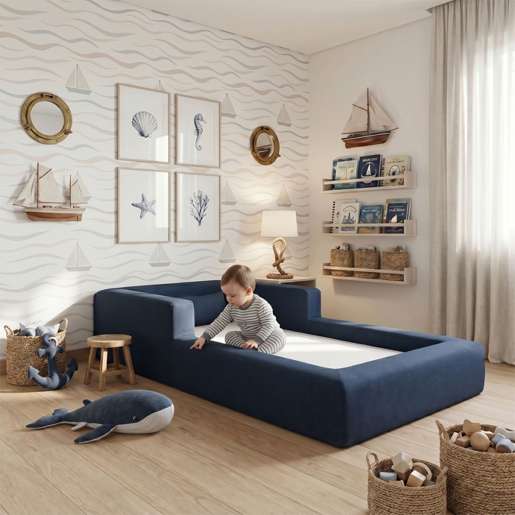 Cama Montessoriana Berço Aconchego 100% Espuma Azul Marinho Keiko