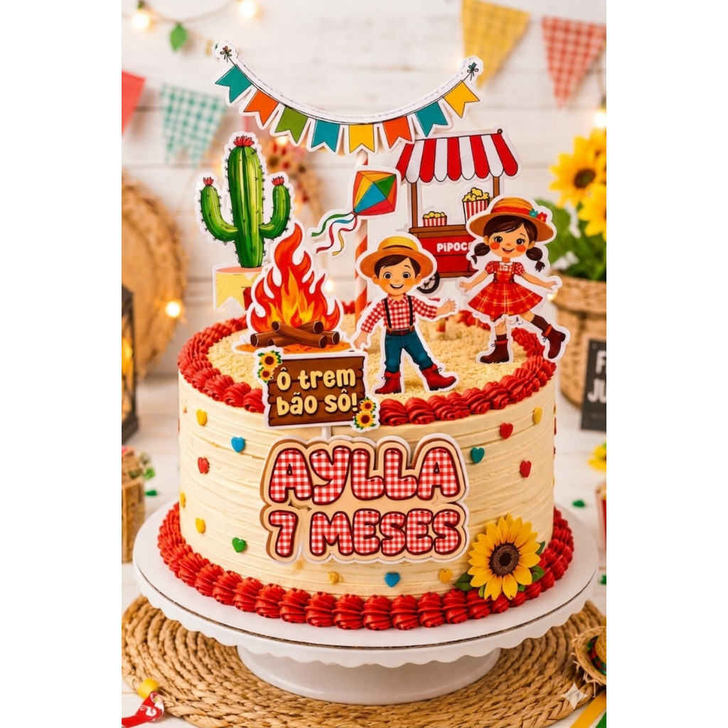 Topo de Bolo Festa Junina Arraiá São João Personalizado Decoração Topper de Bolo