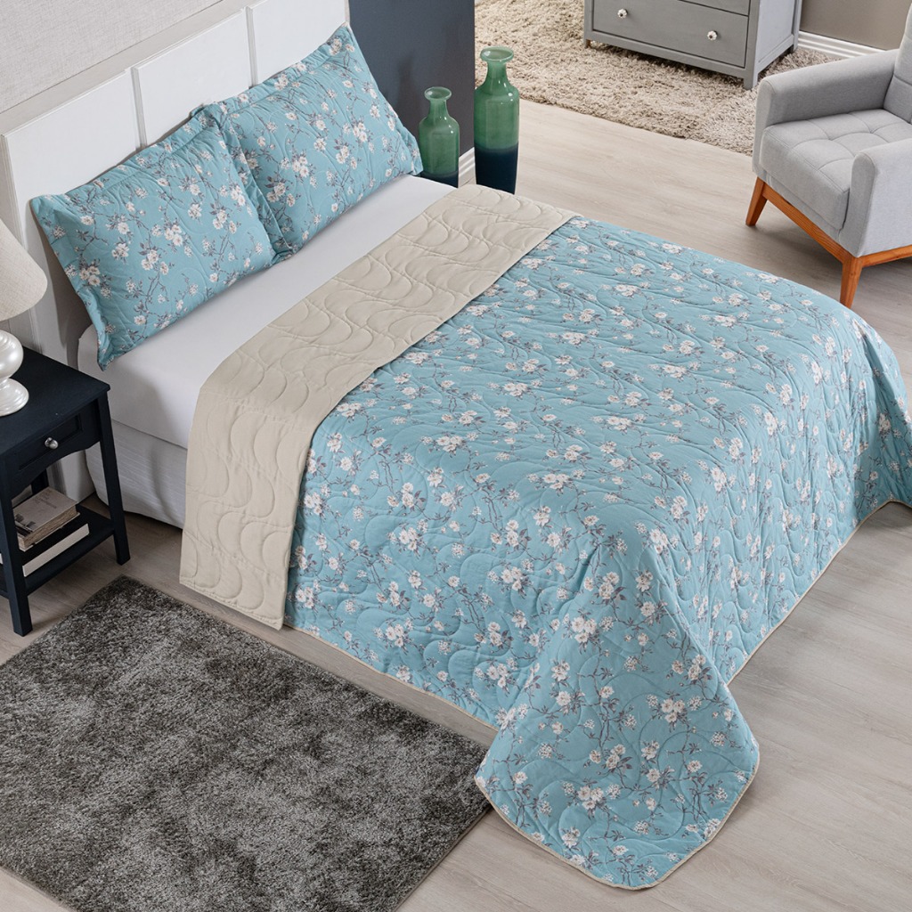 Kit Cobre Leito Colcha Queen 3 Peças Com Porta Travesseiro Premium Várias Estampas Lindas Colori