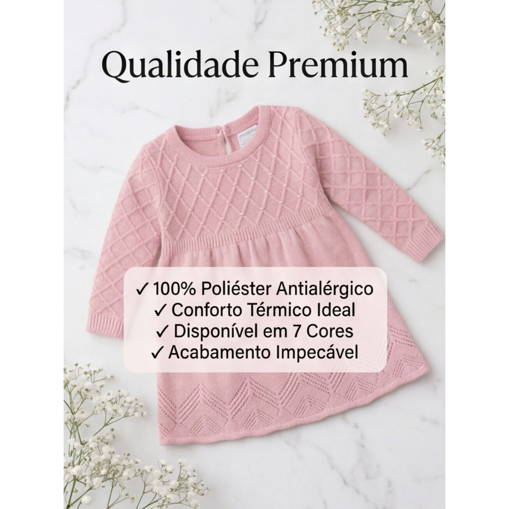 Vestido Tricot Premium Bebê Menina Pérolas + Renda Manga Saída Maternidade — imagem 2 de 2