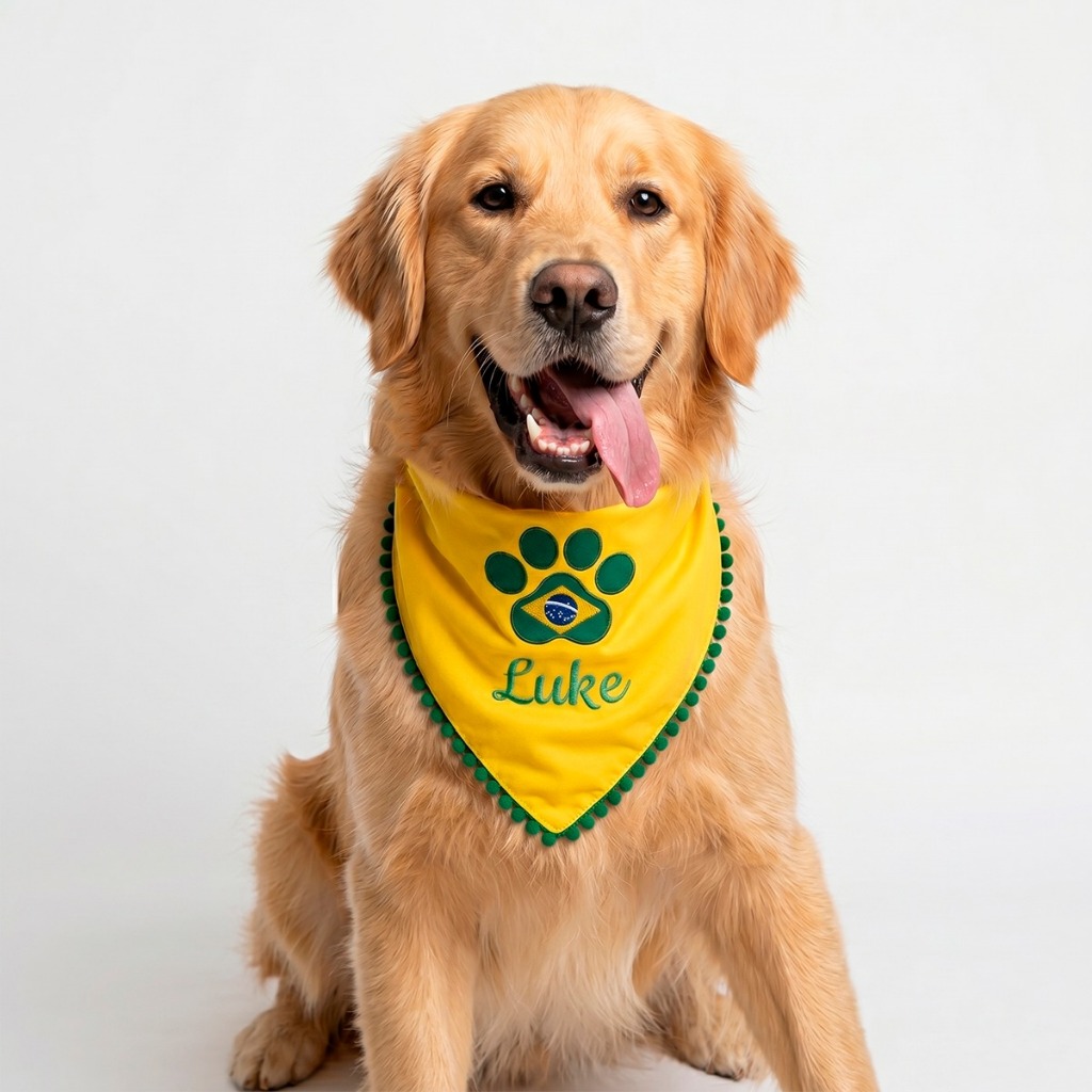 Bandana Pet Temática Copa Em Micropercal Forrado Personalizada Nome Com Botão De Pressão Ajustável