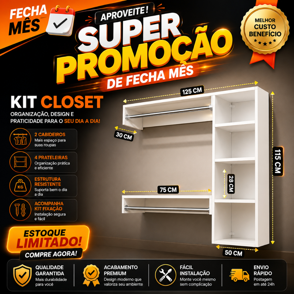 Arara Cabideiro Suspenso De Parede Closet Aberto - Closet 67N