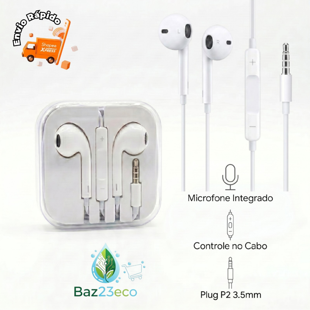 Fone de Ouvido Com Fio P2 Branco Com Microfone Controle de Volume Som Estéreo Com Caixinha Acrílica (estilo Maçã)