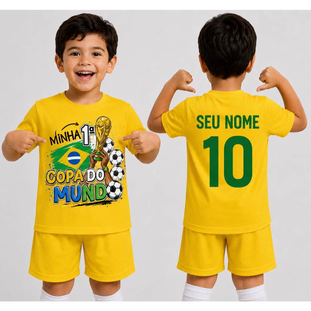 Camiseta Infantil Minha Primeira Copa do Mundo 2026 Personalizada Com Nome Menino Menina