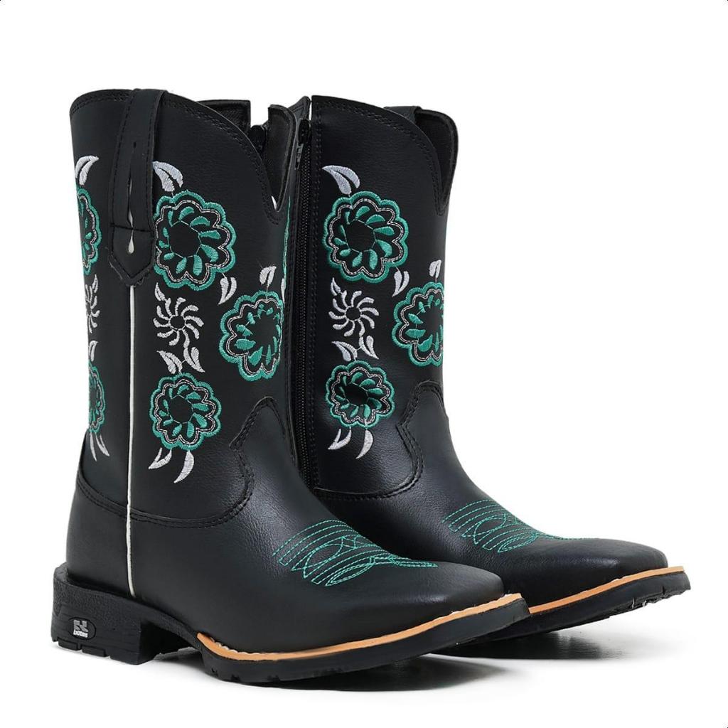 Bota Texana Country Feminina Cano Médio Bordada Verde Zíper Lateral Solado Antiderrapante Salto 4cm