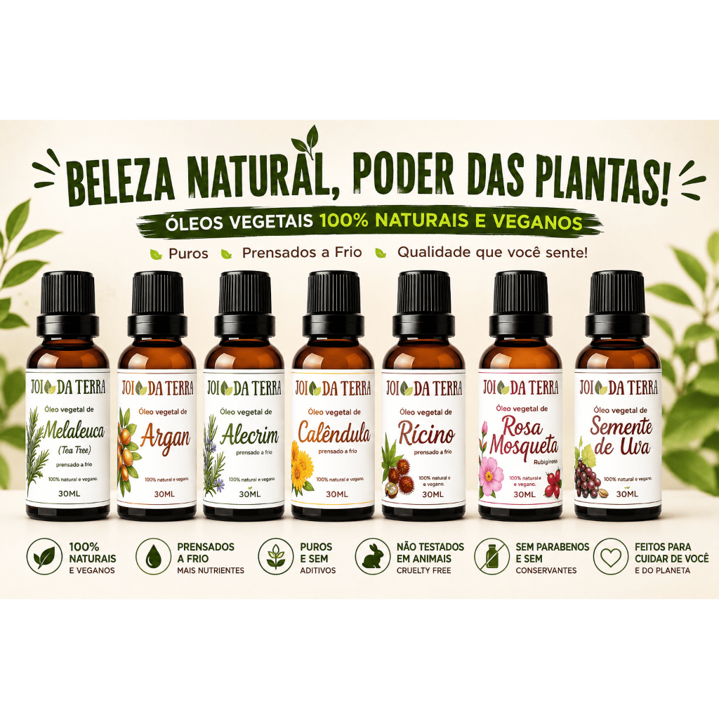 Óleos Vegetais Naturais Rosa Mosqueta, Melaleuca, Argan, Alecrim, Calêndula, Rícino e Semente de Uva