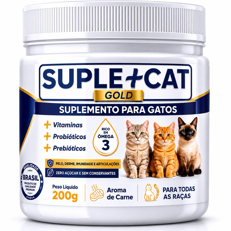Suplemento Gatos Probióticos e Ômega 3 Queda de Pelo Coceira Alergia Pele Imunidade 200g