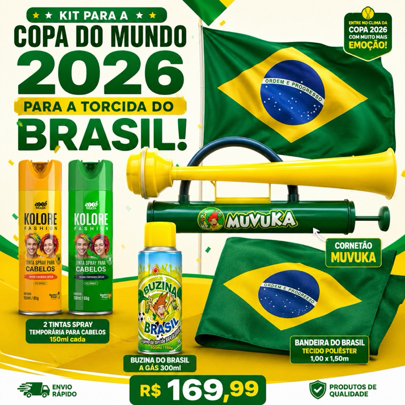 KIT TORCIDA DO BRASIL - 2 tintas cabelo - 1 bandeira 1,00 x 1,50 - 1 buzina em spray e 1 cornetão MUVUKA