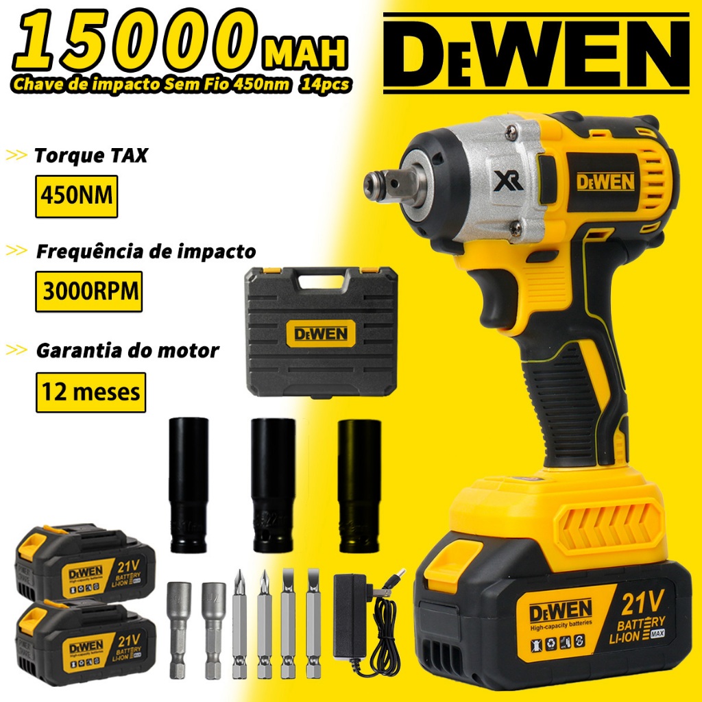 Chave de impacto Sem Fio 450nm sem escova 14pcs com 2 baterias Com Maleta e Acessórios (127v/220v )