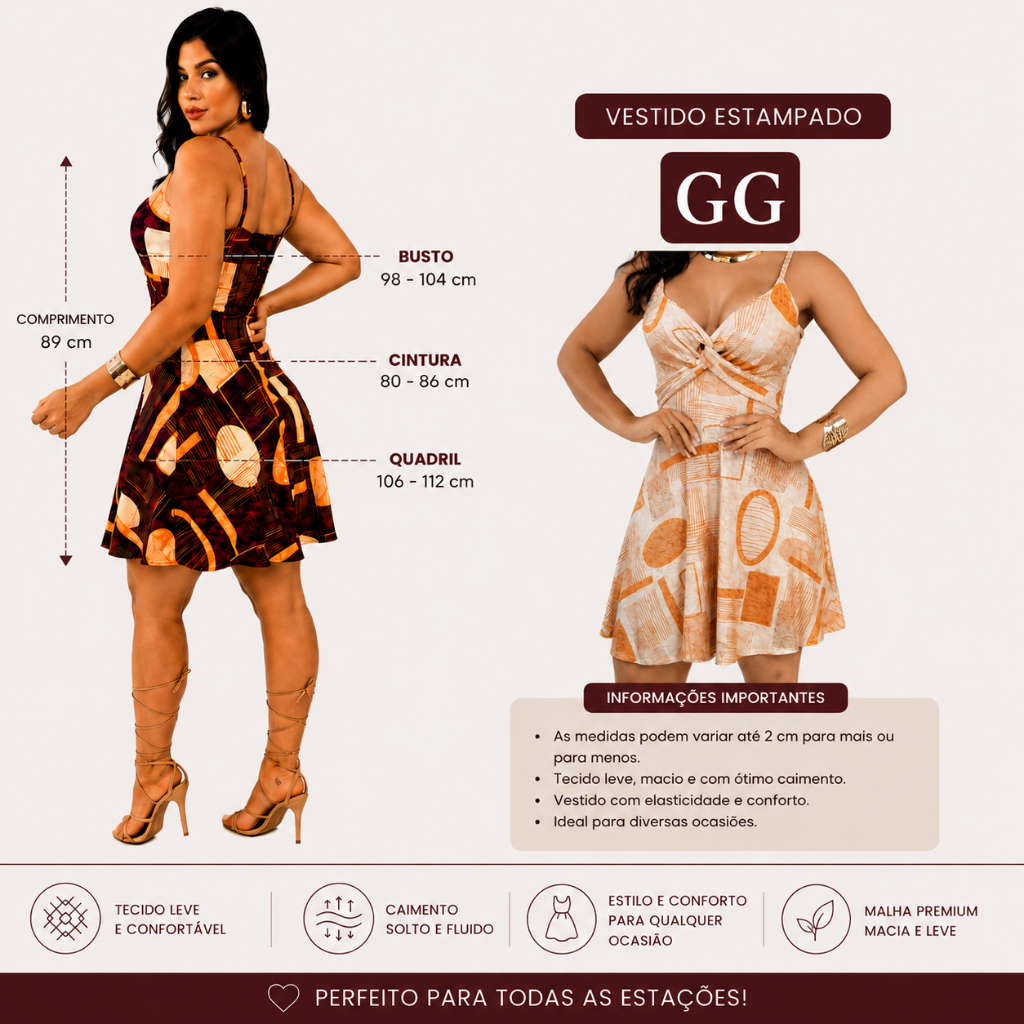 VESTIDO FEMININO ESTAMPADO, ELEGANTE ALCINHA DECOTR COM BOJO TALHA G