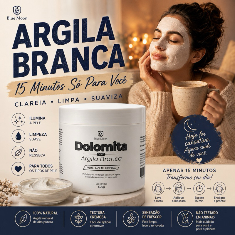 Máscara Facial Argila Branca Blue Moon Clareadora Limpeza Suave Ilumina e Suaviza a Pele 500g
