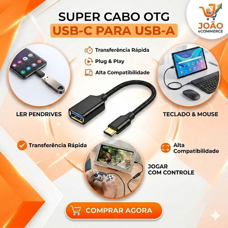 Cabo Adaptador OTG Tipo C para Celular Transferência via Pen drive e conexão de Periféricos