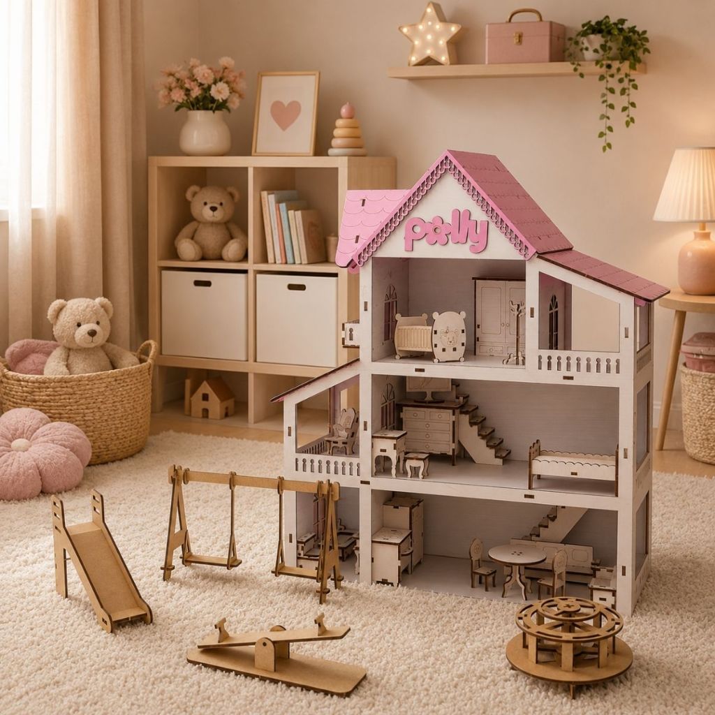 Casa de Boneca com Moveis e Parquinho Miniatura Casinha Brinquedo Kids Infantil mdf acabamento