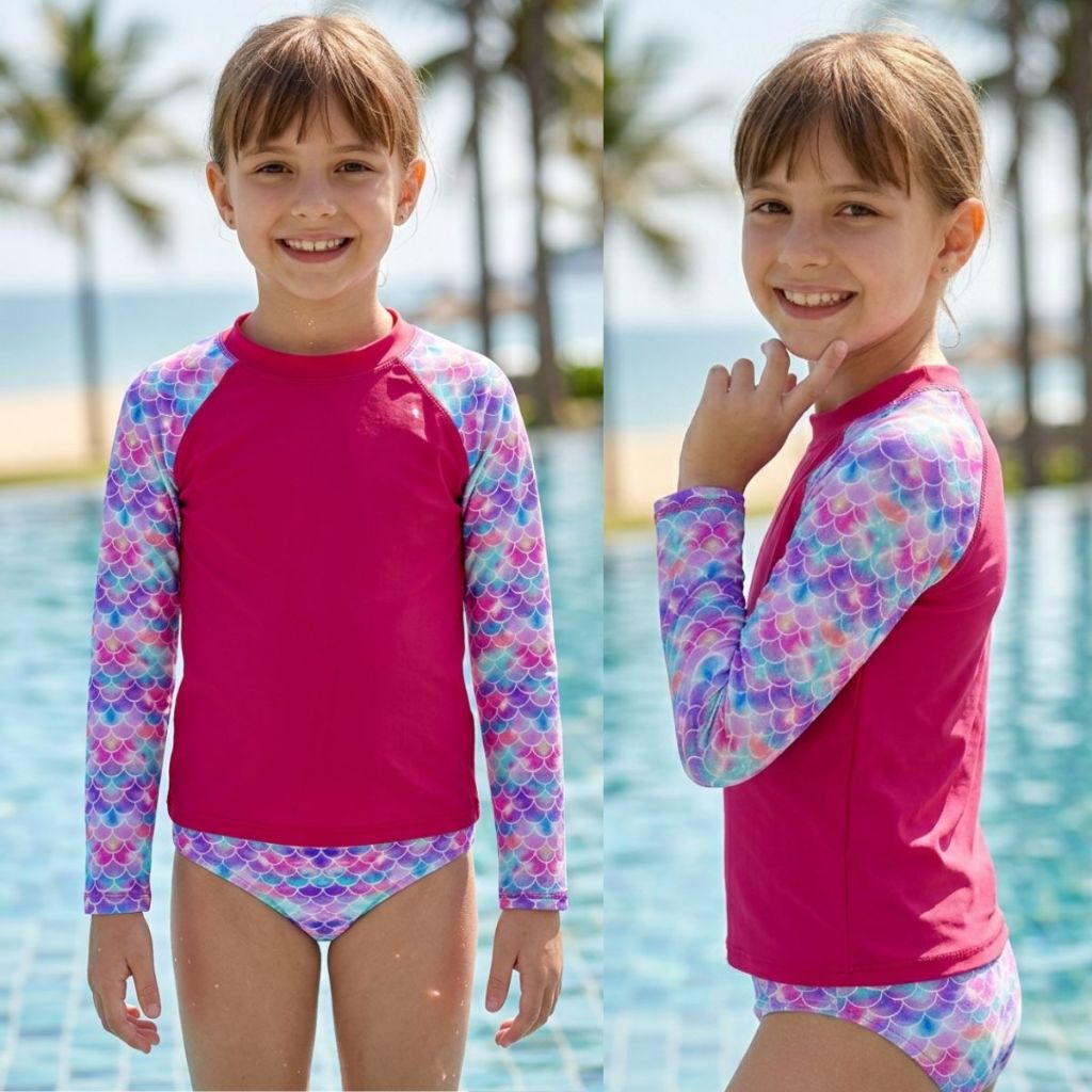 Conjunto Banho Menina Camiseta Manga Longa e Calcinha Moda Praia Piscina