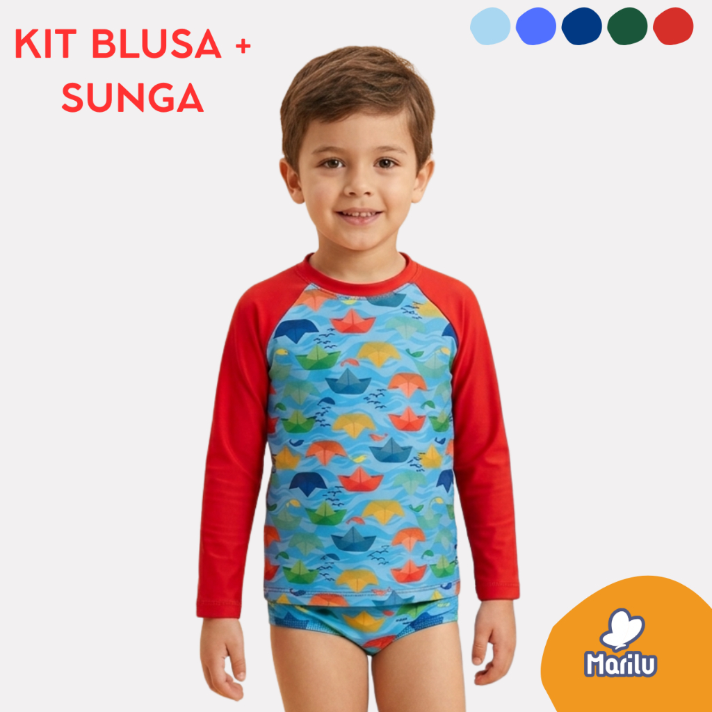 Conjunto de banho praia masculino infantil menino proteção uv camisa e sunga piscina solar natação estampado
