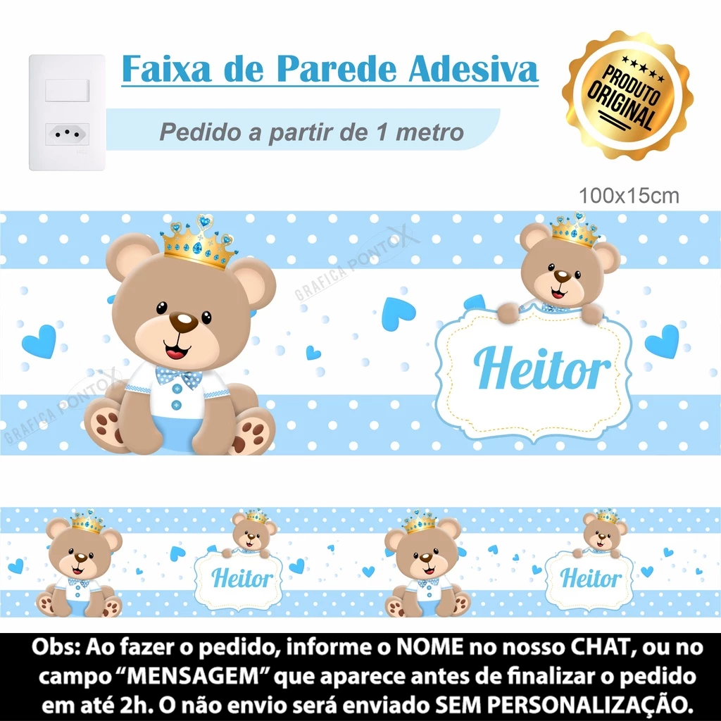 Faixa Adesiva Ursinho Príncipe Realeza Azul Claro Infantil Para Quarto De Menino