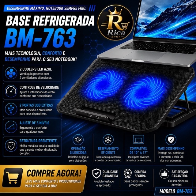 Suporte Notebook com Cooler Base Refrigerada Silenciosa 2 Ventiladores LED Ajustável 10 a 17 Pol