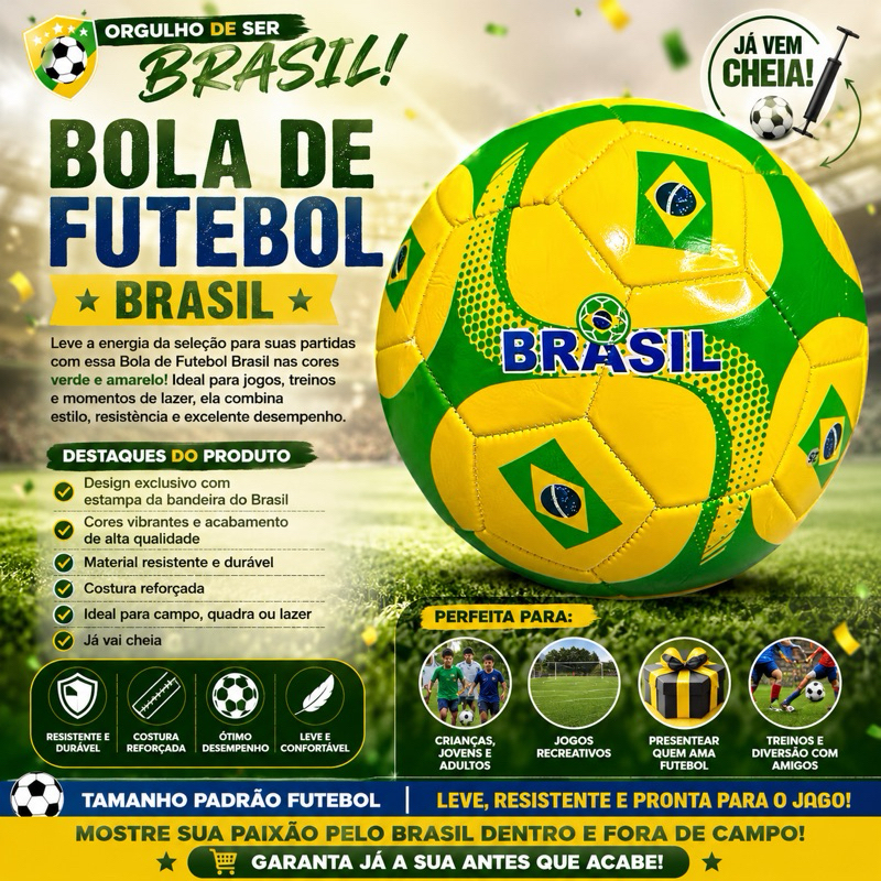 🏆⚽ Bola de Futebol Costurada N5 Padrão Brasil Rumo ao Hexa – Mostre sua Paixão em Campo! 🇧🇷🔥