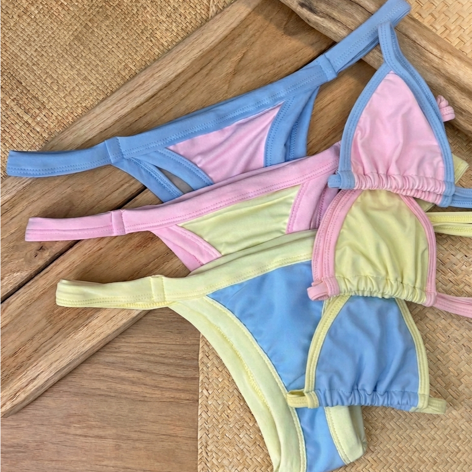 Biquíni Feminino Bicolor Candy Colors – Top Cortininha + Calcinha Fio Duplo Cores Suaves Bicolor