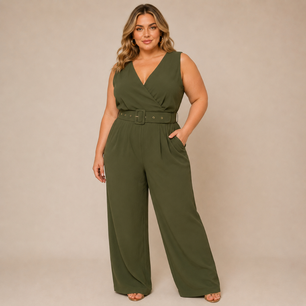 Macacão Feminino Plus size Pantalona com Cinto Tamanho Grande Transpassado Elegância e Conforto