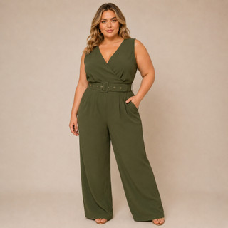 Macacão Feminino Plus size Pantalona com Cinto Tamanho Grande Transpassado Elegância e Conforto