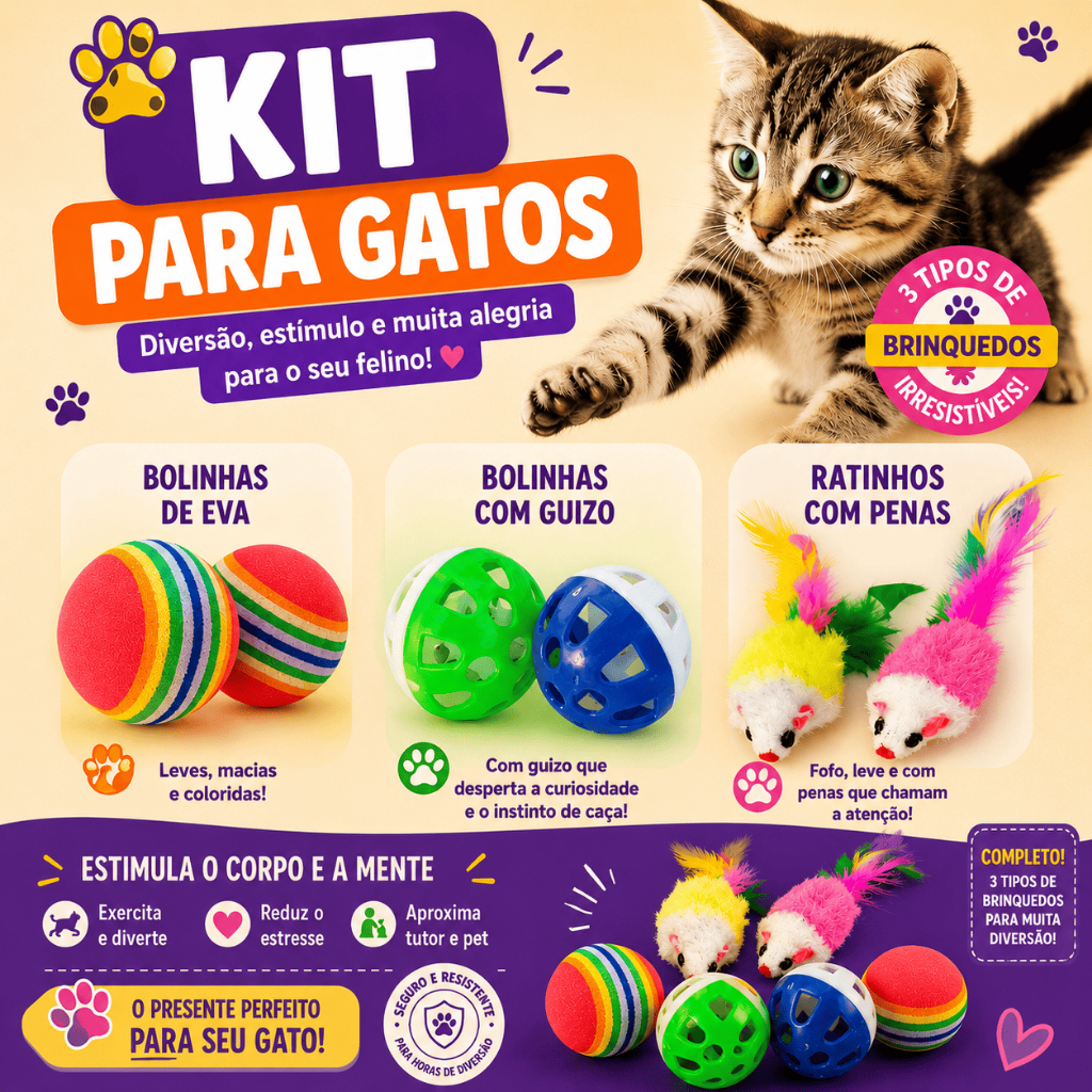 Kit Brinquedos para Gatos 6 Peças | 2 Bolinhas EVA, 2 com Guizo e 2 Ratinhos com Penas