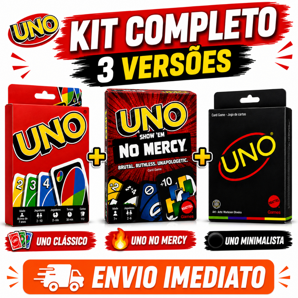 Kit 3 Jogos UNO No Mercy + UNO Minimalista Preto + UNO Clássico Jogo de Cartas Com Variações