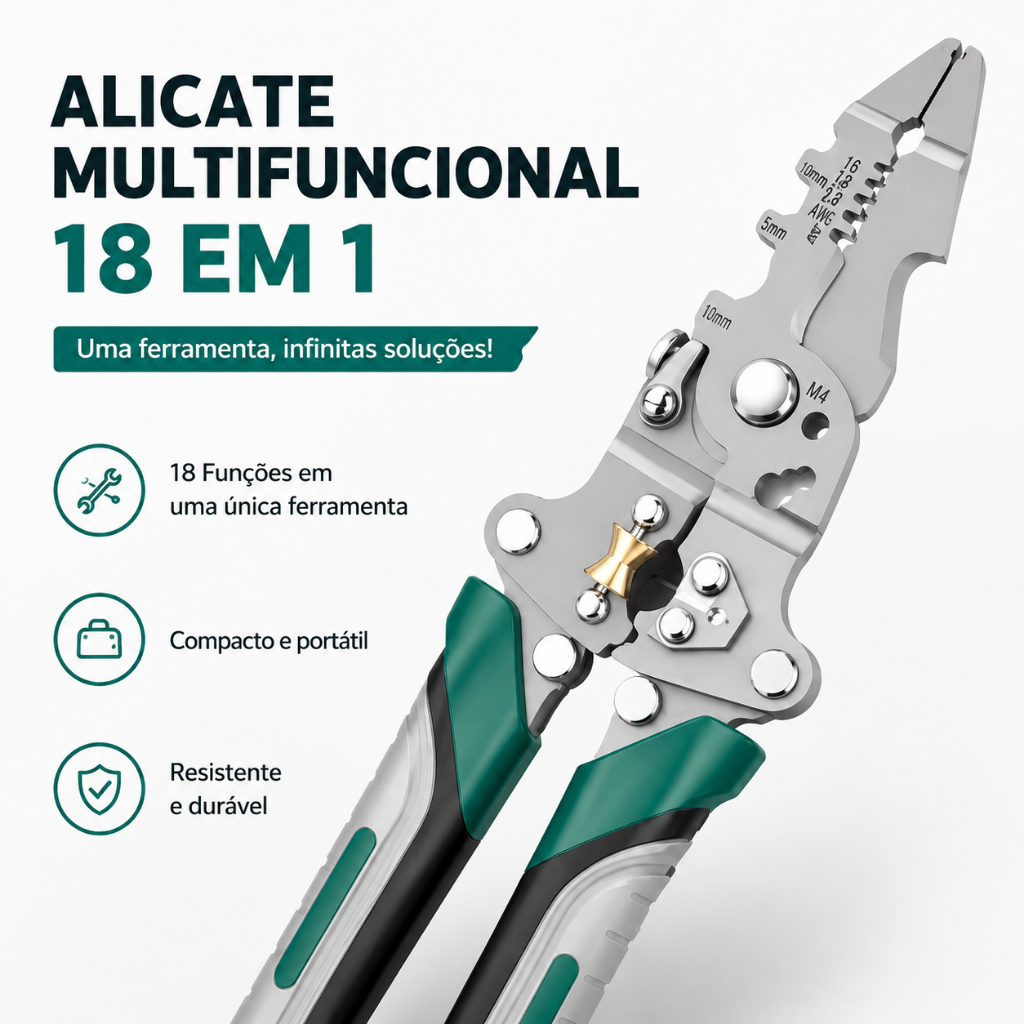 Alicate Multifuncional 18 em 1 Profissional Dobrável Decapador, Cortador, Crimpador e Chave Multiuso