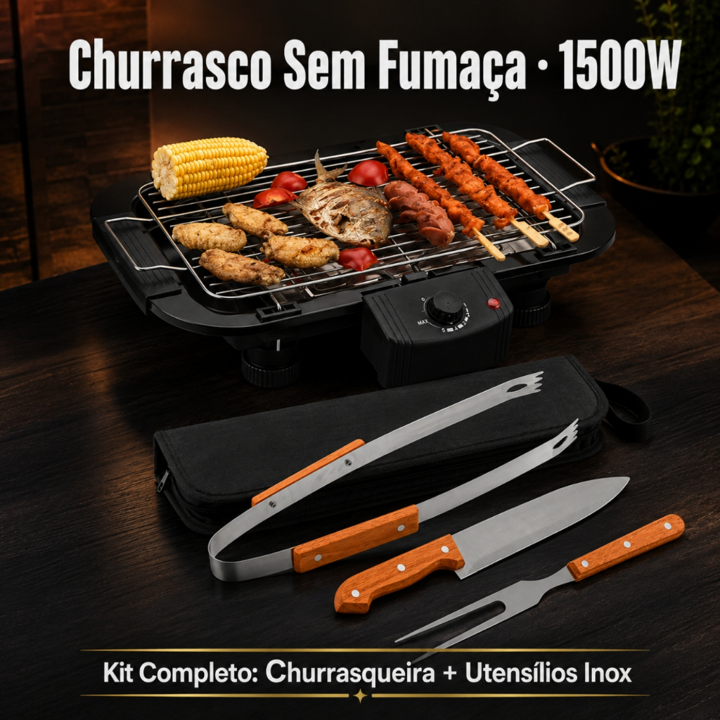 Churrasqueira Elétrica Sem Fumaça + Kit Churrasco Inox Completo Para Casa e Apartamento