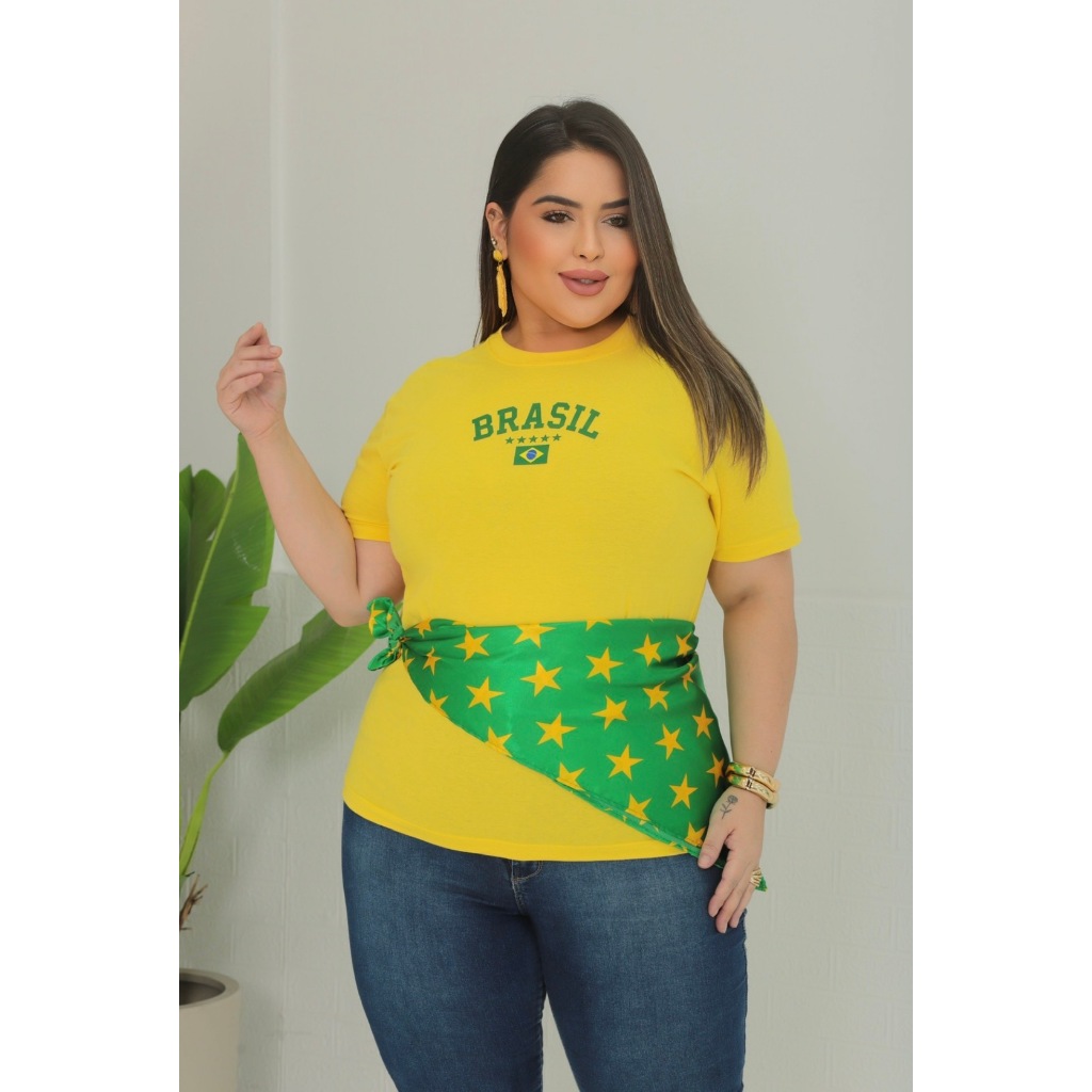 Camiseta do Brasil Plus Size Feminina Manga Curta 100% Algodão Torcedora