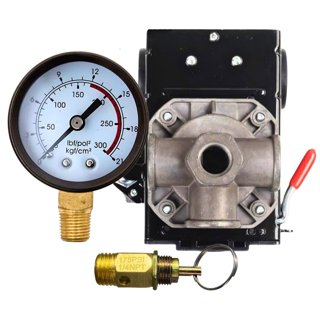 Kit Para Compressor de Ar Com Pressostato 135/175 PSI 4 Vias + Válvula de Segurança e Manômetro