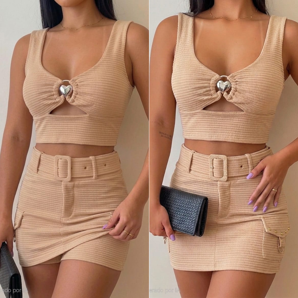 Conjunto CORAÇÃO feminino cropped com bojo e short saia com cinto encapado tecido canelado premium modinha blogueira