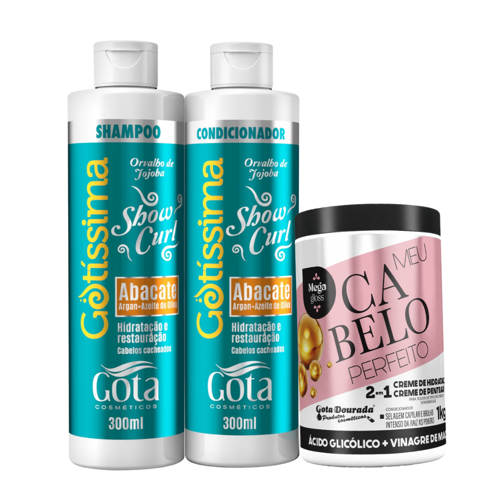Kit Gota Dourada Show Curl Cacheado Shampoo e Condicionador 300ml e Creme 2 em 1 Cabelo Perfeito Vinagre de Maçã 1Kg