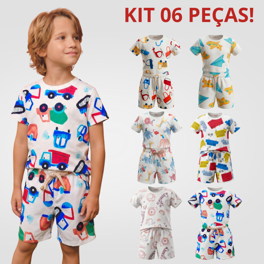 Conjunto Infantil Masculino 6 Peças Sortido Moletim Lote Roupas De Menino Camiseta E Short Verão Estampas