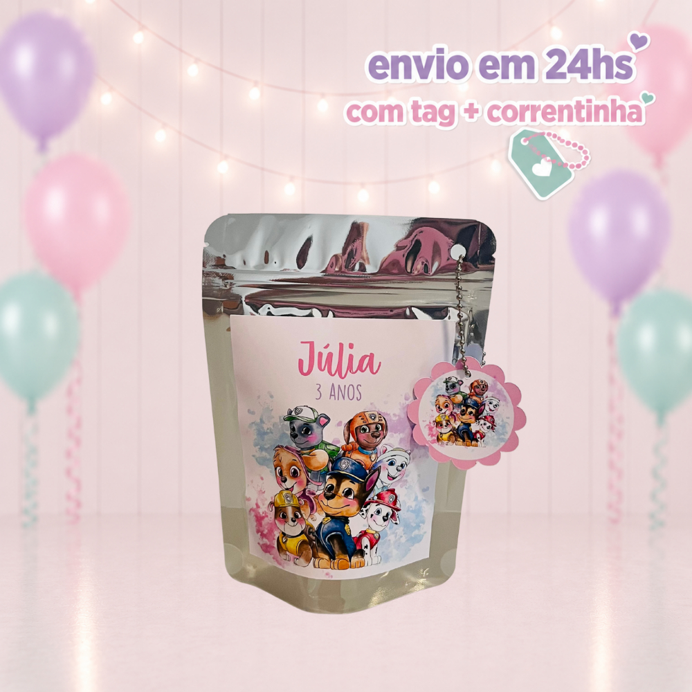 Saquinho Metalizado Ziplock Patrulha Canina Rosa | Patrulha Aquarela Personalizado | Lembrancinha de Festa | Aniversário