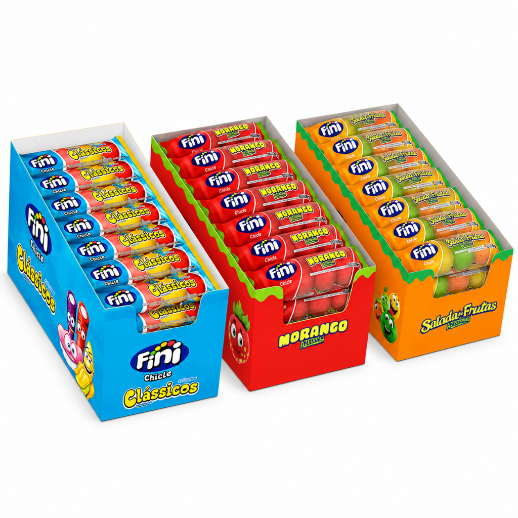 Balas Fini Chicle 18 Uni de 14g Sabores Morango; Clássicos e Salada de Frutas Azedinhas