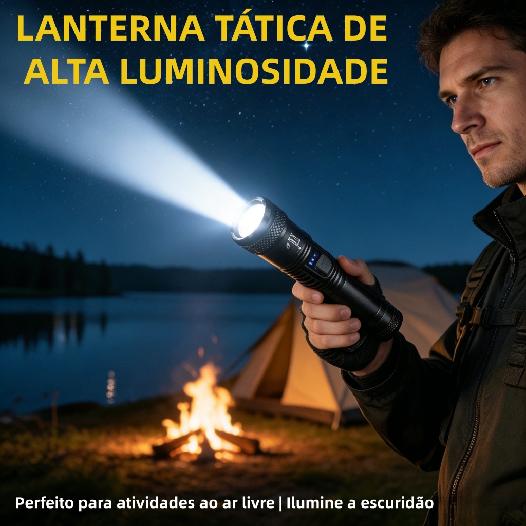 Lanterna Tática de Alta Luminosidade – Recarregável, Super Brilhante e Ideal para Camping, Trilhas e Emergências