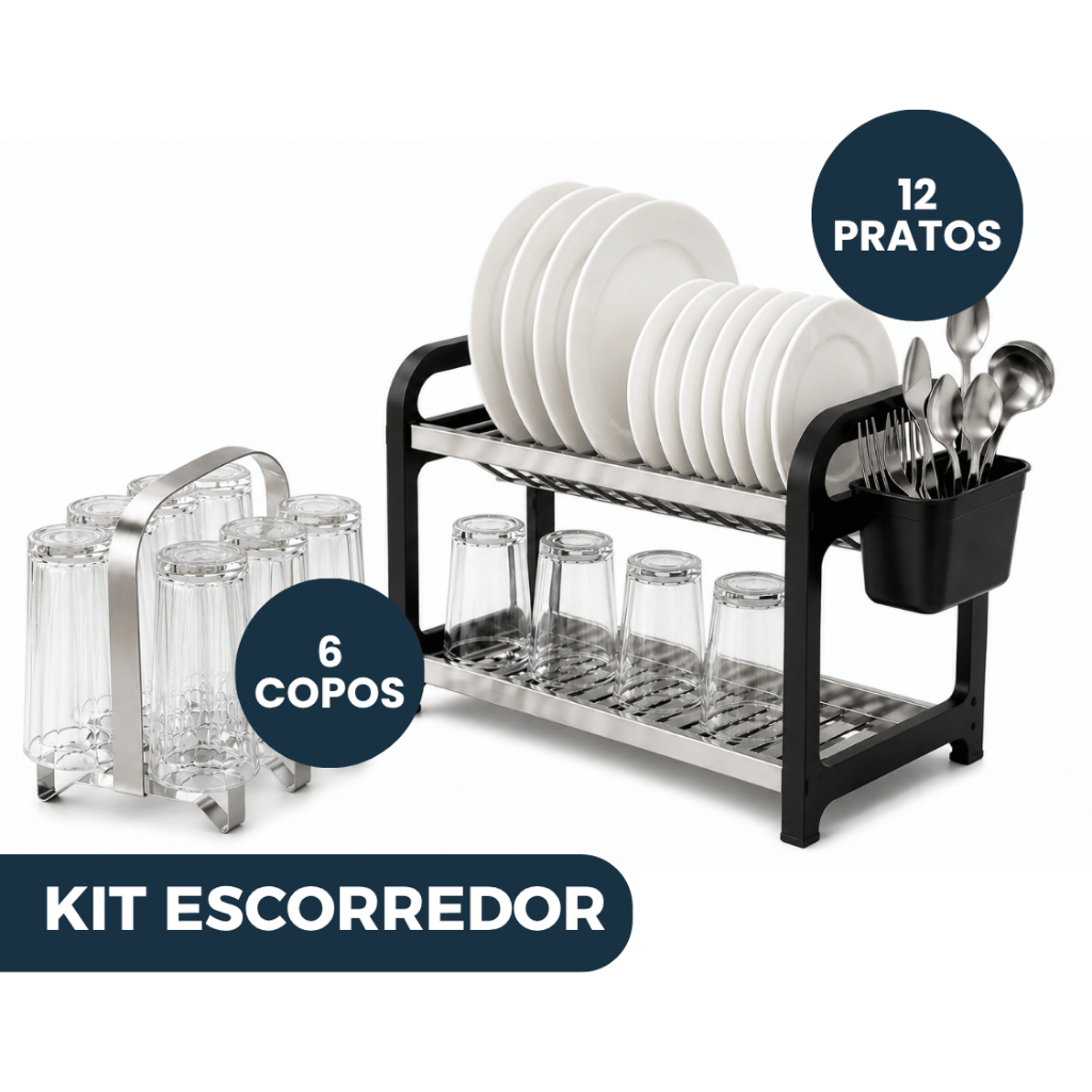 Kit Escorredor Louça 12 Pratos Inox Preto Porta Talheres + Escorredor Porta Copos Inox 6 Un Pia