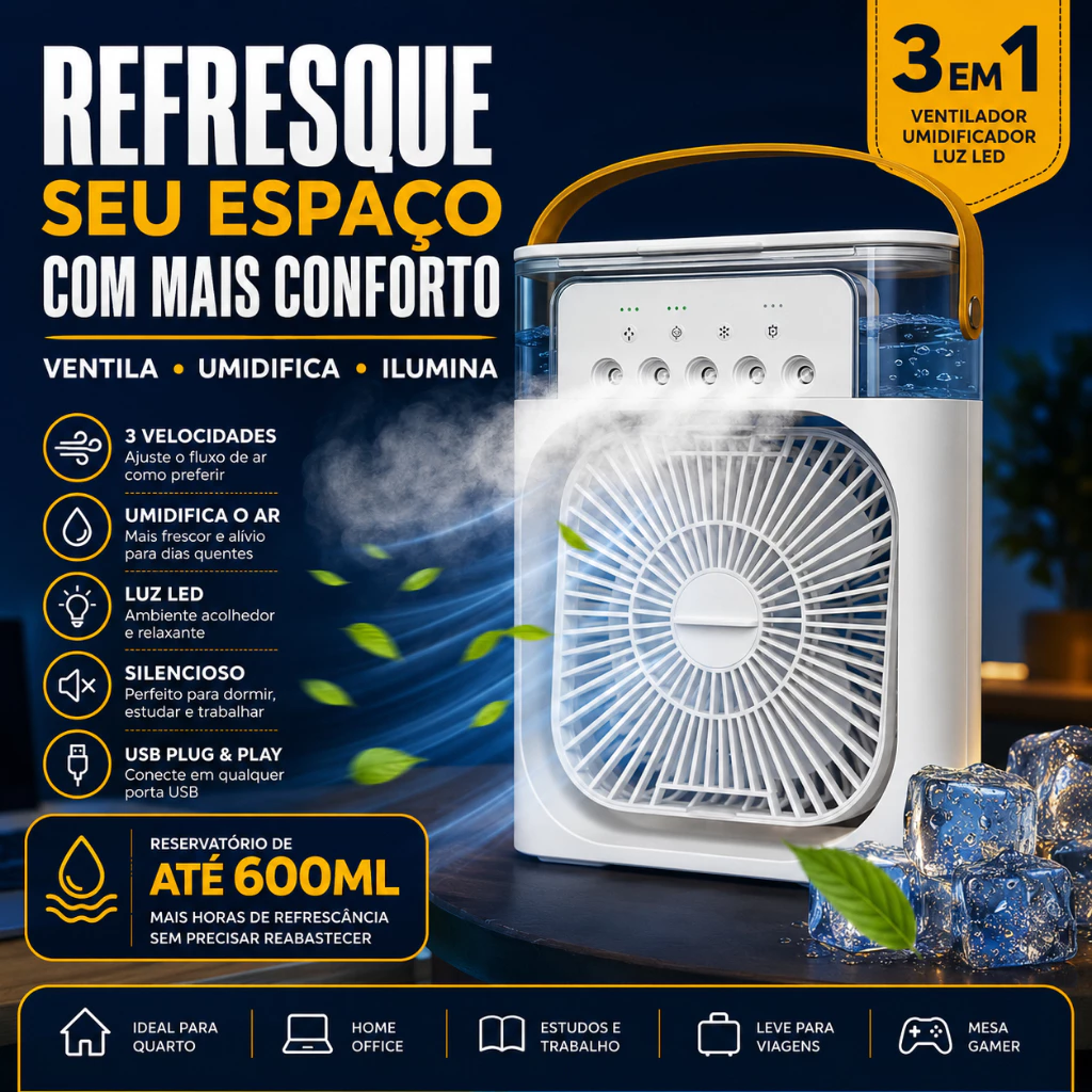 Mini Ar Condicionado Portátil USB 3 em 1 Climatizador Umidificador LED Silencioso 3 Velocidades Mesa — imagem 1