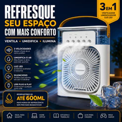 Mini Ar Condicionado Portátil USB 3 em 1 Climatizador Umidificador LED Silencioso 3 Velocidades Mesa