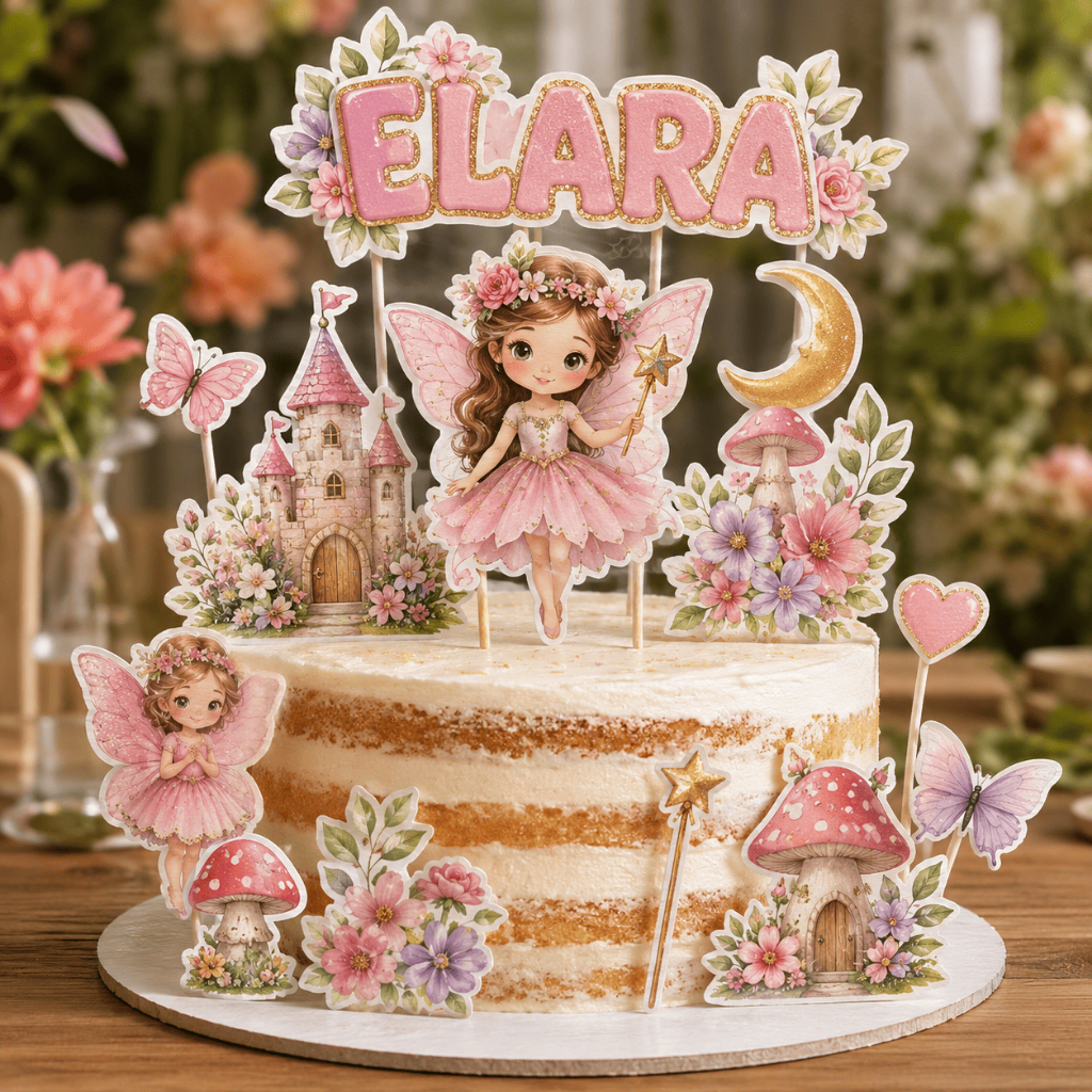 Topo de Bolo Fadinha Personalizado | Jardim Encantado | Flores | Cogumelos | Topper Aniversário | Envio Rápido 🚀