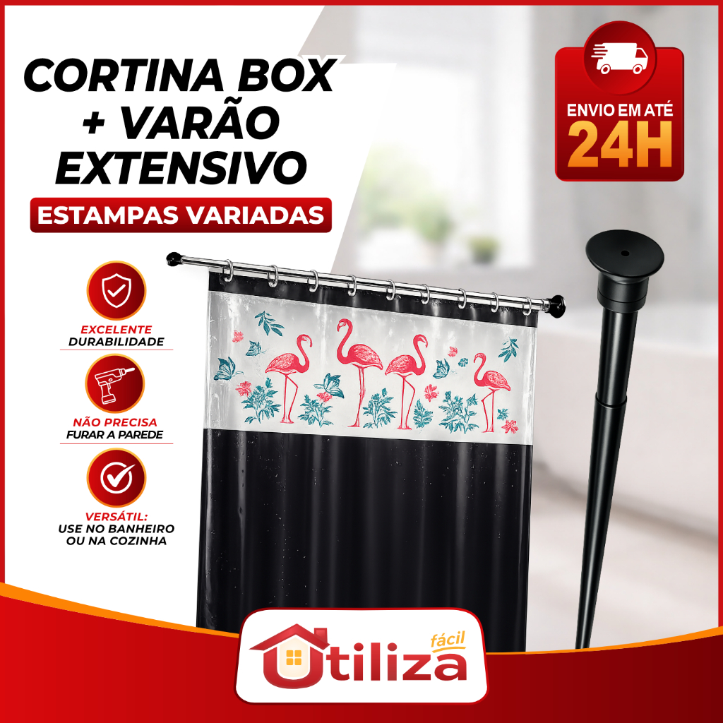 Cortina Box Para Banheiro Anti Mofo Com Ganchos + Varão Extensível Ajustável VÁRIAS CORES