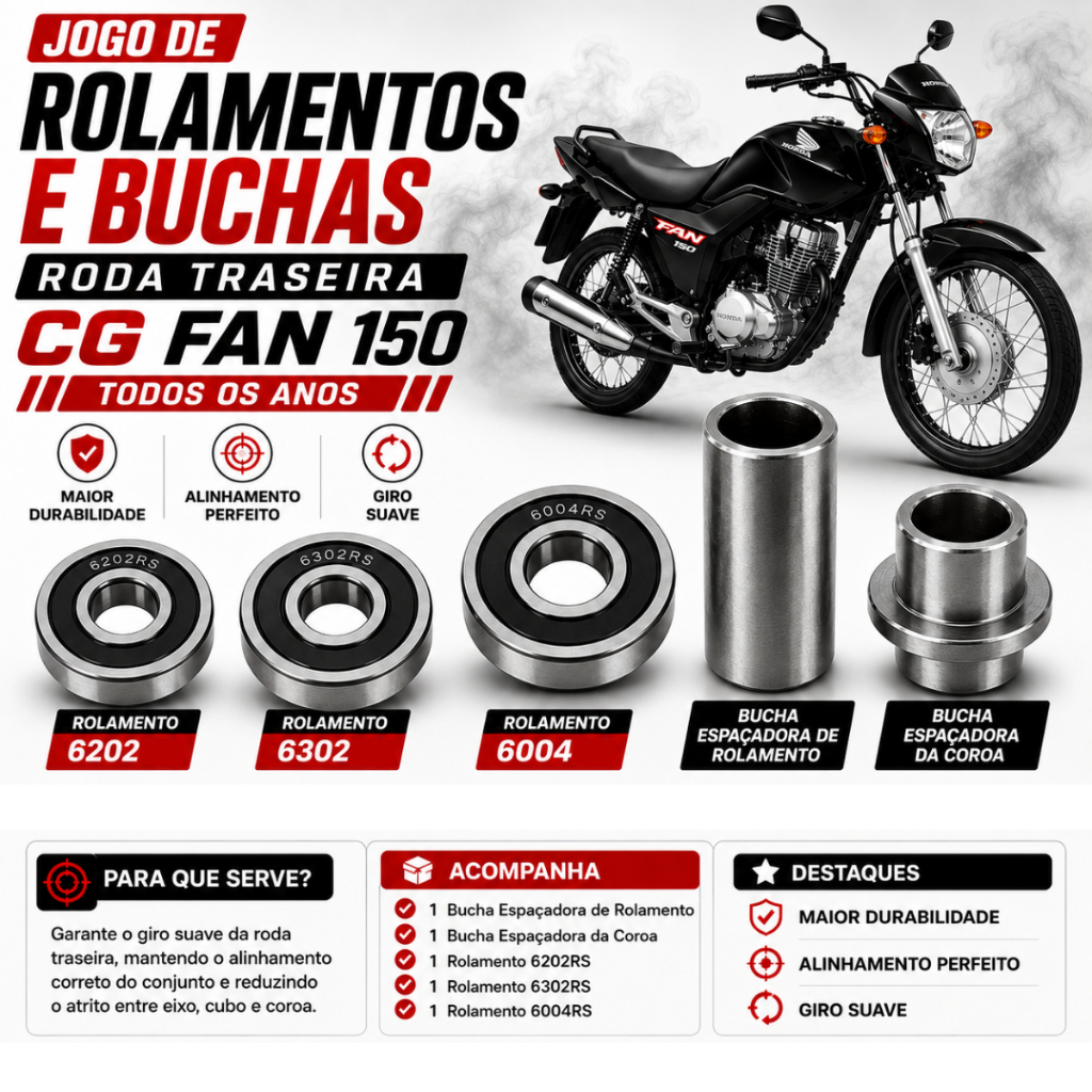 JOGO ROLAMENTOS E BUCHAS RODA TRASEIRA HONDA START FAN TITAN 150 160 TODOS ANOS