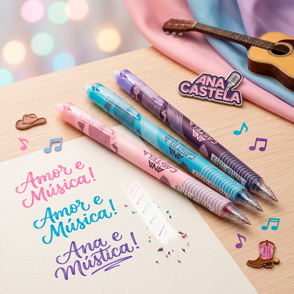 Kit 3 Canetas Apagáveis Gel Ana Castela Country Escolar Infantil Menina Cores Polibrinq · foto 2