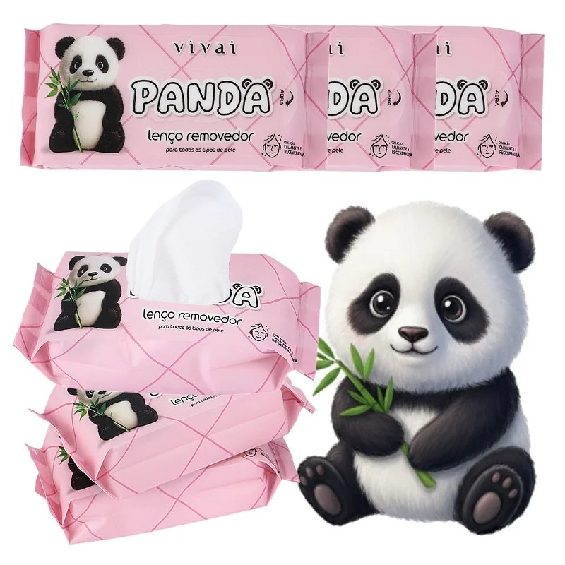 Kit com 3 Lenço Removedor de Maquiagem Panda Vivai | Demaquilante Prático | Limpeza Facial