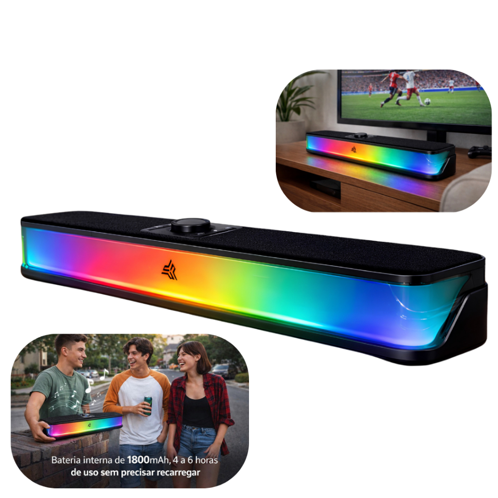 Caixa de Som Gamer RGB Soundbar 5.3 14W Bateria Interna com Bluetooth USB AUX e Efeitos de Luz