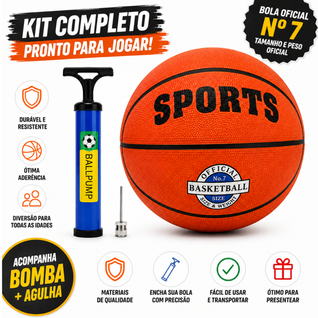 Bola De Basquete Oficial Nº7 Com Bomba De Encher E Agulha Esporte Lazer Treino