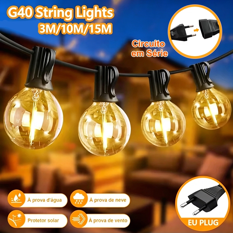 Varal de Luz LED Com Lâmpada G40 Inquebrável Branca Quente 2700K Para Jardim Camping Festa Natal