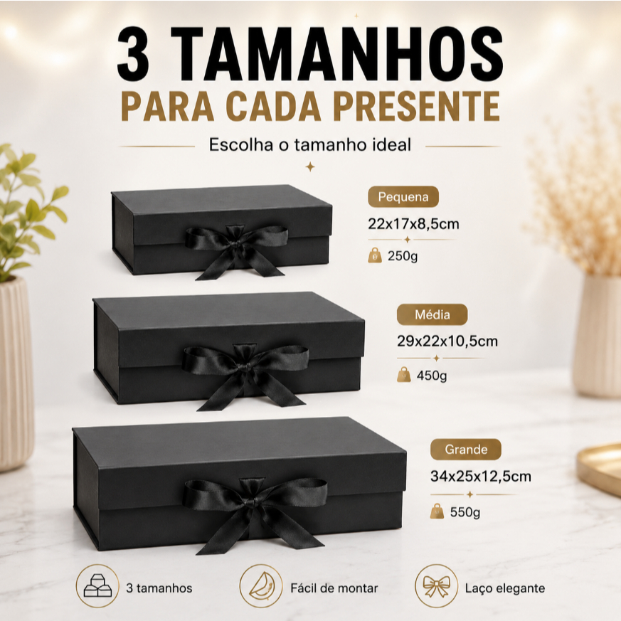 Caixa de presente rígida luxo cartonada com fecho magnético e fita de cetim para presente 3 tamanhos