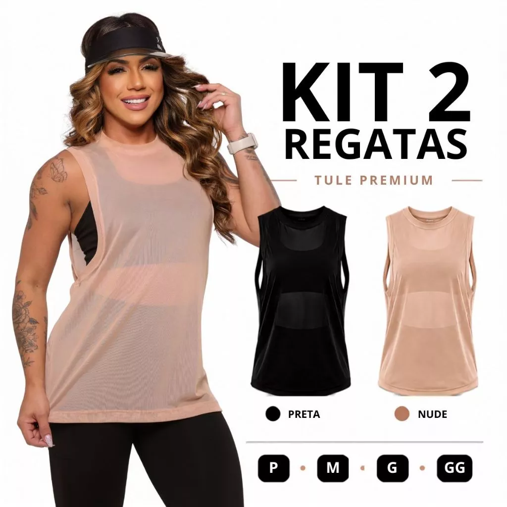 Kit 2 Regata Transparente de Tule Academia Feminina Regatão Blusa Moda Fitness — imagem 1